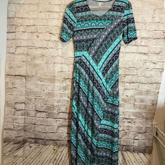 Cato Maxi Dress Womens Small Turquoise Medallion Print Full Length Stretch Slit - Picture 1 of 13